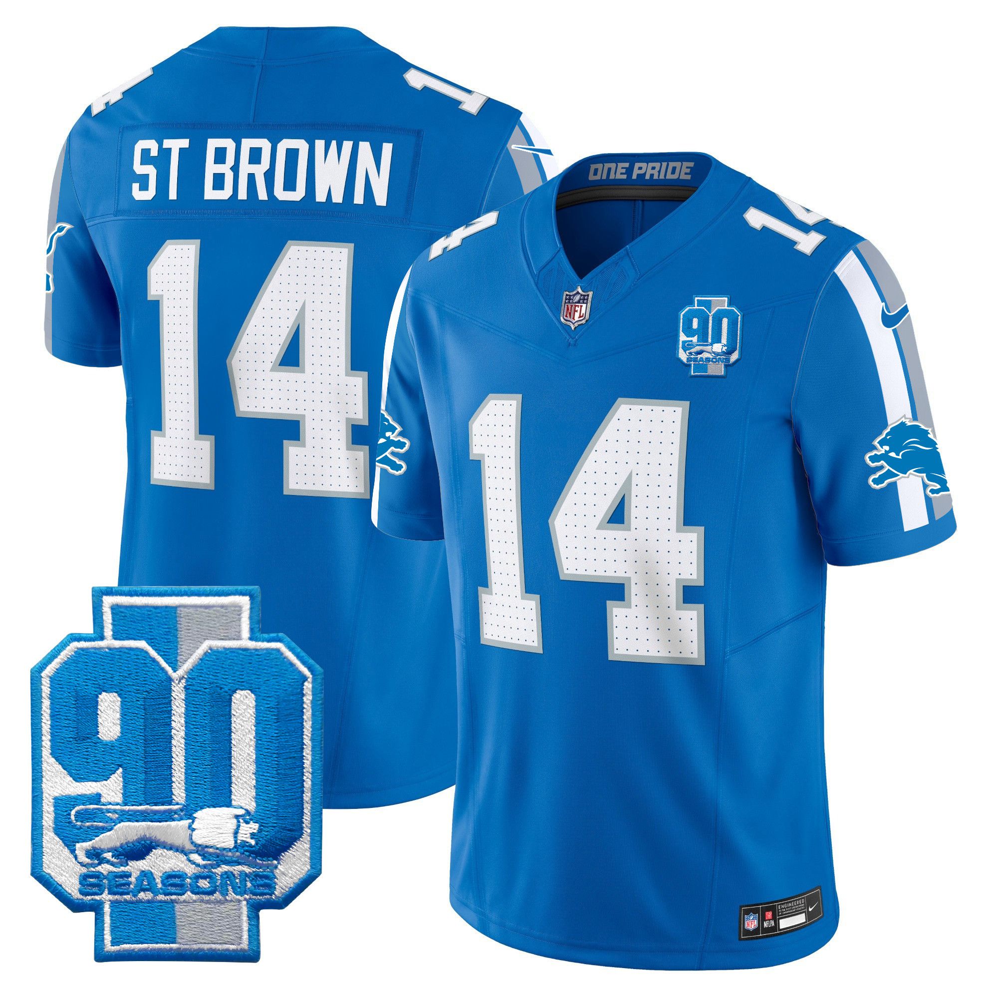Men Detroit Lions 14 ST Brown Blue 2024 Nike 90th Year Patch Vapor Limited NFL Jersey